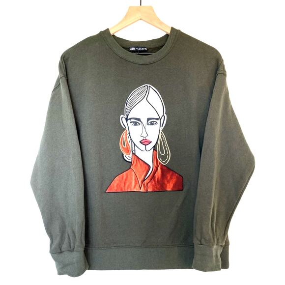 Zara Tops - ZARA Graphic Crewneck Sweatshirt, quilted emrboidery, olive green, Size Small